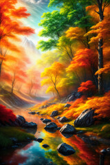 Fototapeta na wymiar River in forest during autumn, painting, Generative AI illustrations