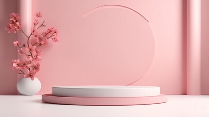 Obraz na płótnie Canvas Pink tropical flowers background abstract. Minimal pedestal for beauty product display stand with Generative Ai.