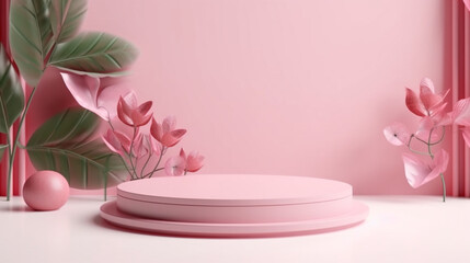 Pink tropical flowers background abstract. Minimal pedestal for beauty product display stand with Generative Ai.