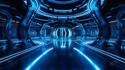 Advanced Technology Hall with Cutting-Edge Tools and Mesmerizing Blue Interior - Generative AI 