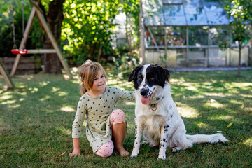 Cute little preschool girl playing with family dog in garden. Happy smiling child having fun with dog, hugging and playing. Friendship and love between animal and kids