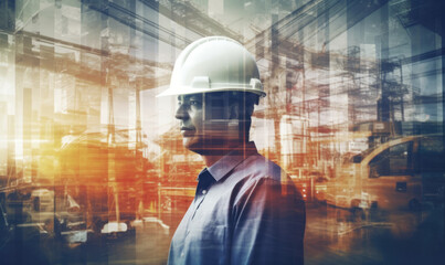 Civil engineer, architect against the background of an engineering project for the construction of a future building. multi-exposure
