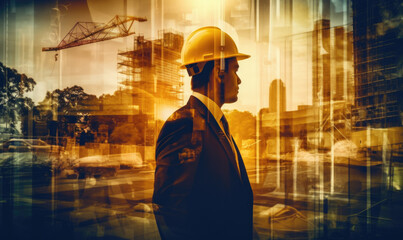 Civil engineer, architect against the background of an engineering project for the construction of a future building. multi-exposure - obrazy, fototapety, plakaty