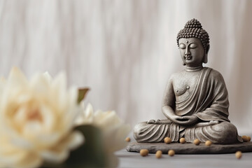 Buddha statue in meditation with lotus flower on light neutral background. Selective focus. Meditation, spiritual health, peace, searching zen concept.