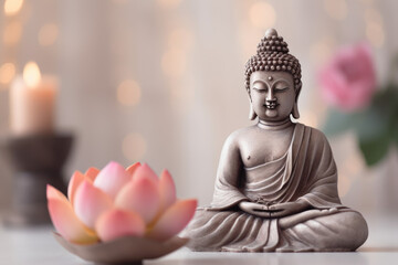 Buddha statue in meditation with lotus flower on light neutral background. Selective focus. Meditation, spiritual health, peace, searching zen concept.