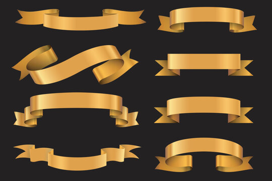 Collection golden ribbons banner various shapes ribbons design elements black background graphic designer