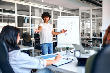 Fototapeta premium Successful hipster team in coworking. Freelancers.