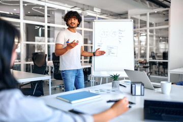 Fototapeta premium Successful hipster team in coworking. Freelancers.