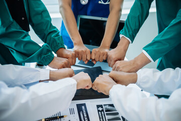 Team Doctors nurses union coordinate hands Teamwork Concept in hospital for success and trust in the teamwork..