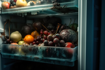 Mold on food in the refrigerator, close-up of rotting into fruits and harmful dangerous spores of fungi bacteria