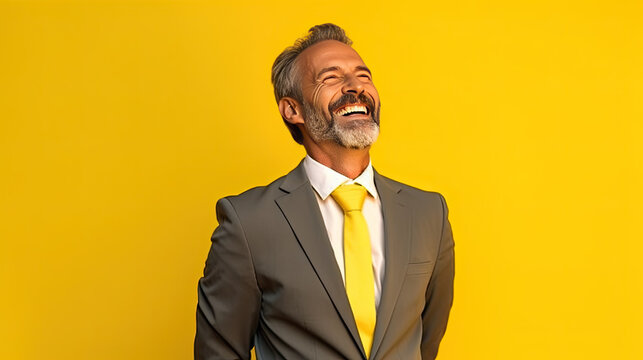 Photo of attractive emotional man friendly smile good mood wear office shirt isolated yellow color background