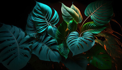 Flat lay tropical green leaf and palms background, dark nature concept.Generation AI