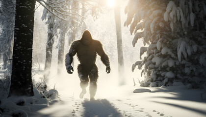 Mysterious creature bigfoot in middle of winter forest with sun light. Generation AI