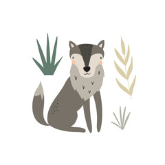 Vector card with cute wolf. Illustration for children's prints, greetings, posters, t-shirt, packaging, invites. Cute animal. Element for your design.