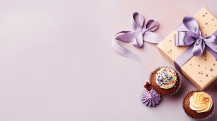 Birthday theme with cupcake dessert and gift box flat lay on pink background. Gennerative Ai