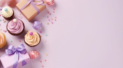 Birthday theme with cupcake dessert and gift box flat lay on pink background. Gennerative Ai