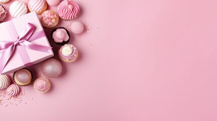 Obraz na płótnie Canvas Birthday theme with cupcake dessert and gift box flat lay on pink background. Gennerative Ai