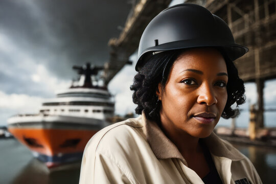 Digital portrait of a professional senior confident female Dock worker standing inShipyard. Concept of active age. Generative AI