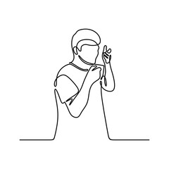 continuous line drawing of young man smelling coffee in cup and looking disgusted