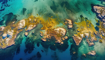 Fototapeta na wymiar Coastal Aerial Satellite Drone Photography of Waves and Blue Waters 