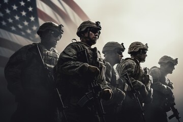 USA army soldier with nation flag on the background. Greeting card for Veterans Day , Memorial Day, Independence Day. America celebration