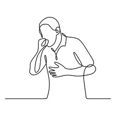 continuous line drawing of handsome man is suffering with cough and feeling bad
