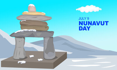 large rock formations also called inukshuk rankin with mountains and snowmelt. the word "inukshuk" means "in human form." commemorate Canada Nunavut Day on July 9
