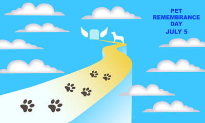a path and pet dog footprints leading to heaven's door with left and right clouds. commemorate Pet Remembrance Day on July 5
