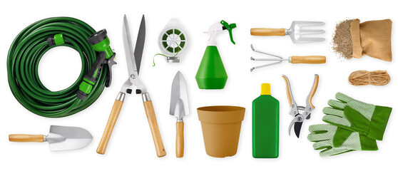 Gardening tool equipment. Top view isolated on white background. Online shopping commerce or...