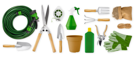 Gardening tool equipment. Top view isolated on white background. Online shopping commerce or advertising. Banner for florist shop or greenhouse. Pruning, horticulture and vegetable garden