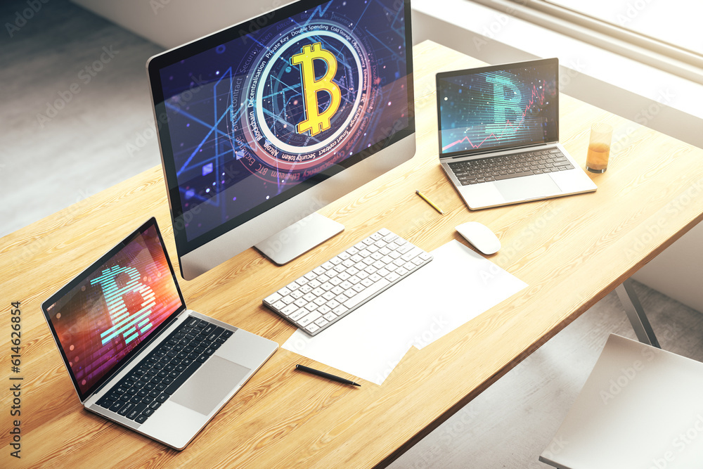 Poster modern computer display with creative bitcoin symbol hologram. mining and blockchain concept. 3d ren