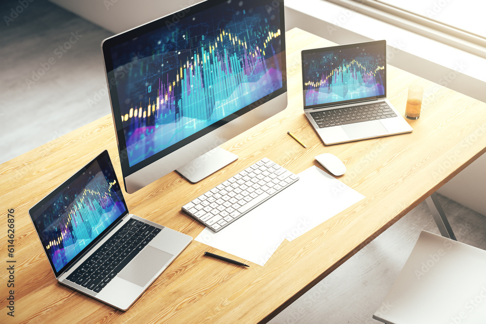 Fototapete modern computer screen with abstract financial diagram, banking and accounting concept. 3d rendering