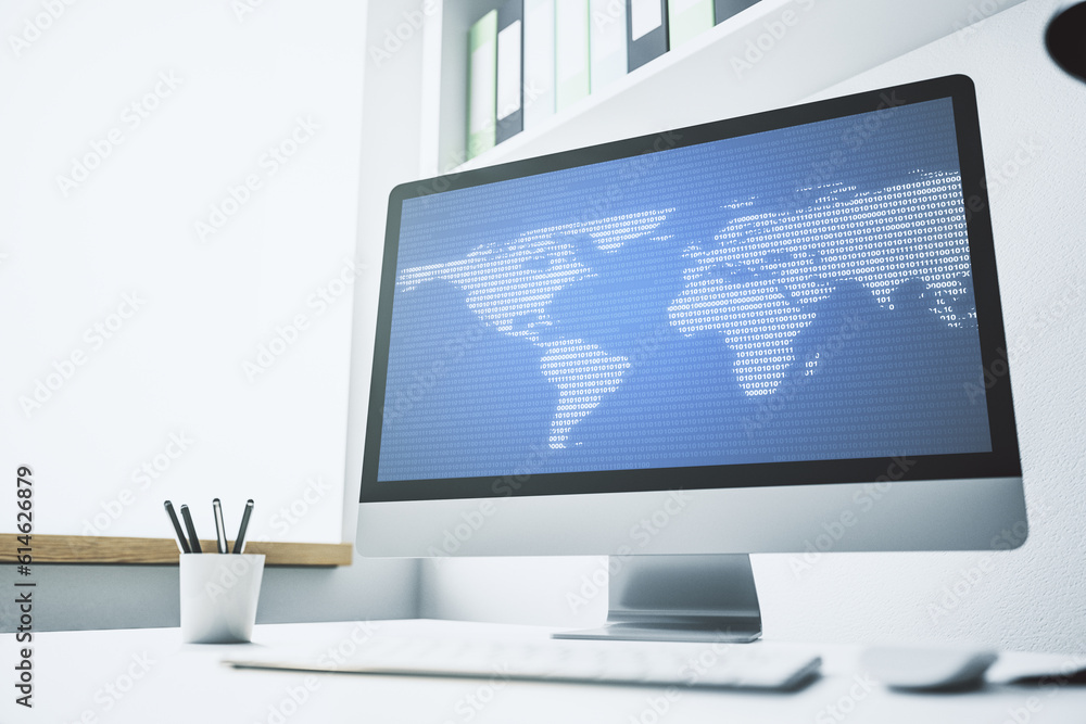 Fototapete computer monitor with abstract creative digital world map, globalization concept. 3d rendering
