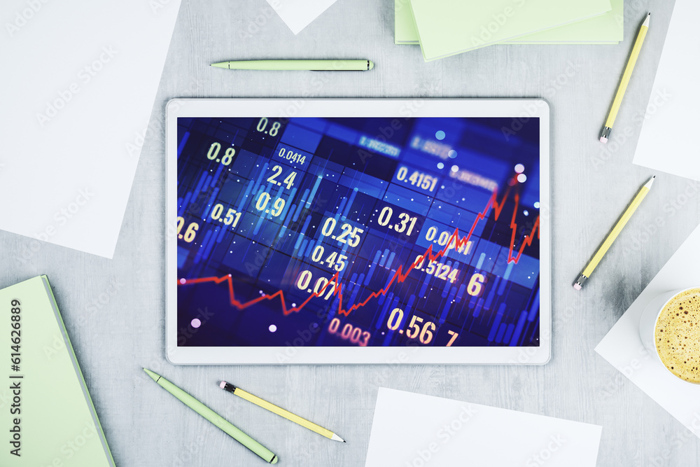 Poster top view of abstract creative financial graph on modern digital tablet screen, forex and investment 
