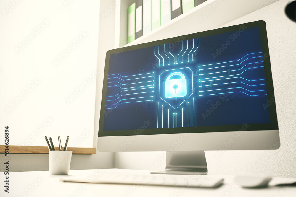 Poster Modern computer monitor with creative lock hologram and chip. Information security concept. 3D Rendering