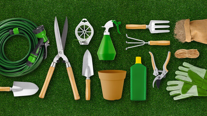 Gardening tool equipment. Top view isolated on green lawn grass background. Online shopping...