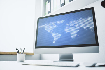 Fototapeta premium Computer monitor with abstract creative digital world map, globalization concept. 3D Rendering
