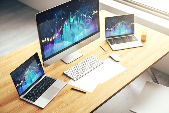 Modern computer screen with abstract financial diagram, banking and accounting concept. 3D Rendering