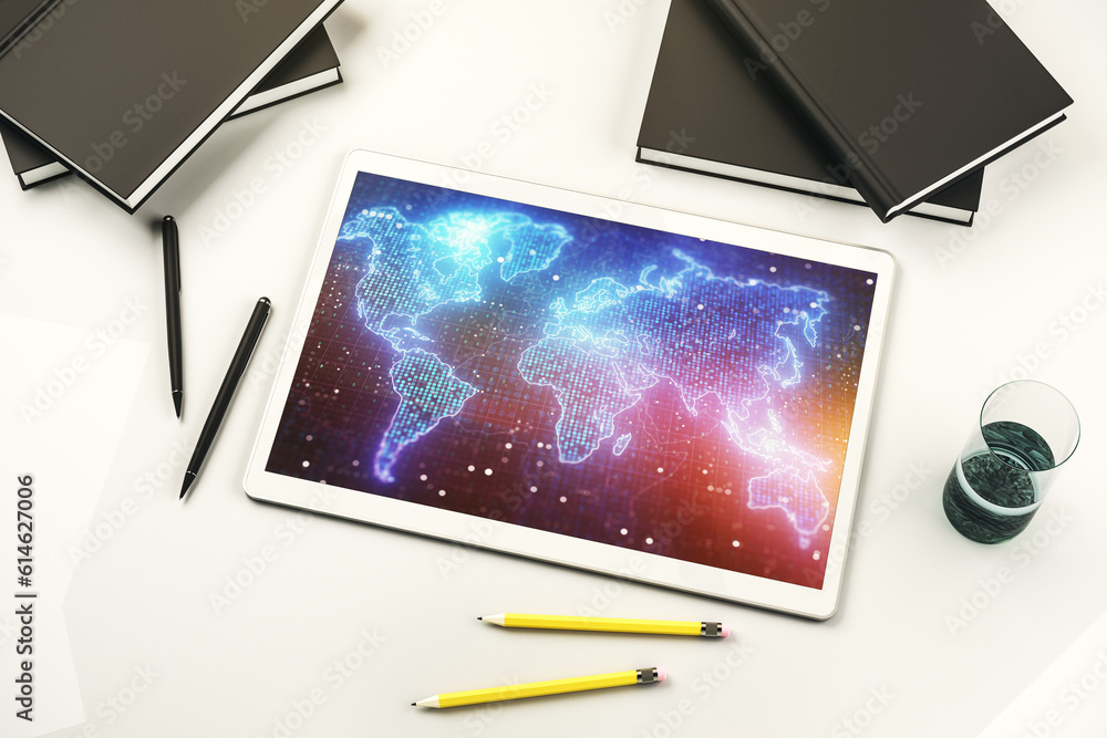Fototapete top view of abstract world map on modern digital tablet screen, big data and blockchain concept. 3d 