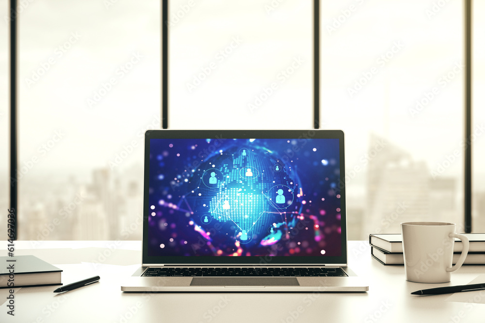 Aufkleber Social network media concept with world map on modern computer monitor. 3D Rendering