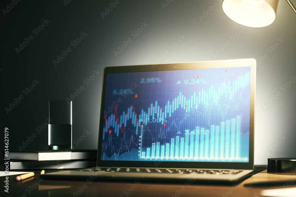 Poster modern computer screen with abstract creative financial chart, research and analytics concept. 3d re