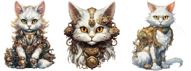 Set of a fantastic portrait cat of an attractive steampunk style. animal as mechanical cyber animal isolated on a transparent background, generative AI technology - obrazy, fototapety, plakaty