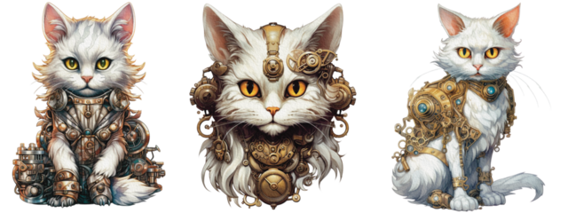 Set of a fantastic portrait cat of an attractive steampunk style. animal as mechanical cyber animal isolated on a transparent background, generative AI technology