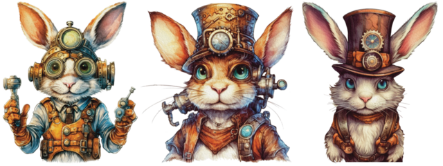 Set of a fantastic portrait rabbit of an attractive steampunk style. animal as mechanical cyber animal isolated on a transparent background, generative AI technology