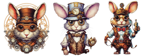 Set of a fantastic portrait rabbit of an attractive steampunk style. animal as mechanical cyber animal isolated on a transparent background, generative AI technology