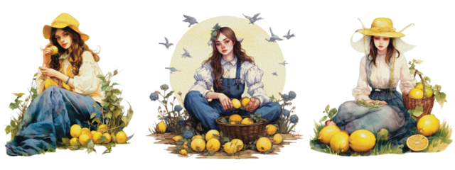 A portrait of an attractive Lemon farm woman on the farm. Created with Generative AI  PNG watercolor  file