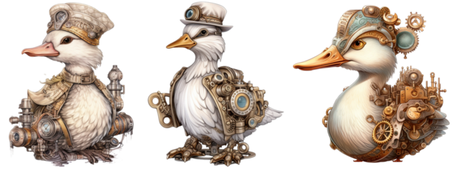 Set of a fantastic portrait duck of an attractive steampunk style. animal as mechanical cyber animal isolated on a transparent background, generative AI technology
