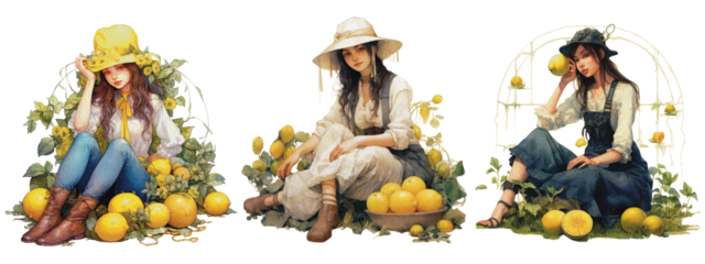 A portrait of an attractive Lemon farm woman on the farm. Created with Generative AI  PNG watercolor  file