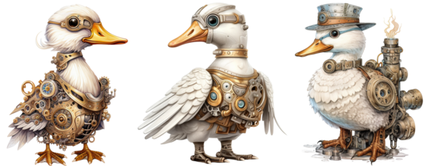 Set of a fantastic portrait duck of an attractive steampunk style. animal as mechanical cyber animal isolated on a transparent background, generative AI technology