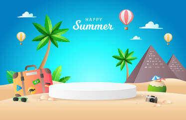 Flat summer travel background template. Composition of luggage bag, sun glasses, coconut water, camera, hot air balloon, tropical tree, Egypt pyramids with round podium on sand. Summer holiday concept